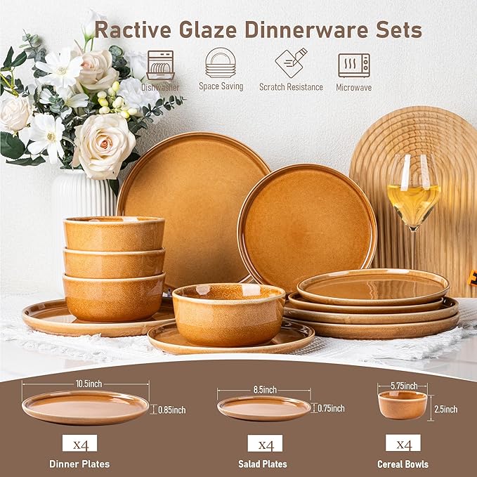 GBHOME Ceramic Dinnerware Sets for 8, 24 Pieces Stoneware Plates and Bowls Sets, Scratch Resistant Dishes, Dishwasher & Microwave Safe, Reactive Glaze-Amber