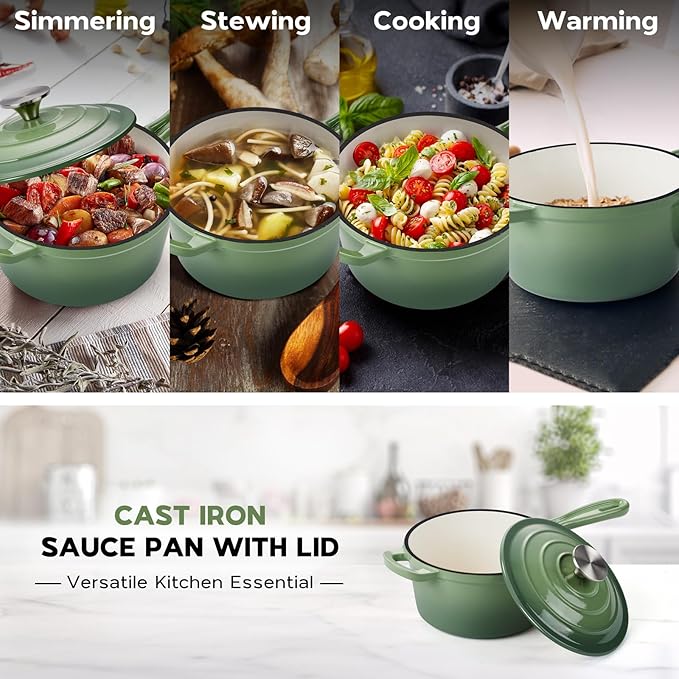 Onader 1QT Enameled Cast Iron Saucepan with Lid, Small Sauce Pan, Enamel Cast Iron Dutch Oven Cooking Kitchen Pot, Nonstick & Heavy Duty ??Pistachio Green