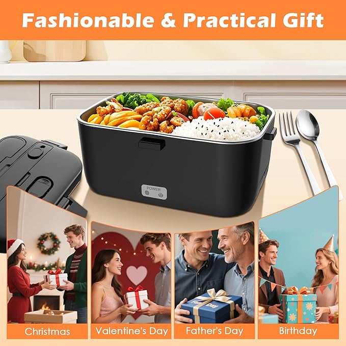 COZYEXPERT Electric-Lunch-Box-Heated-Food-Warmer 100W Heating Lunchbox for Adults 1.8L Portable Food Heater for Work/Car, 12V/24V/110-230V Lonchera El챕ctrica Port찼til with Fork Spoon (Black)