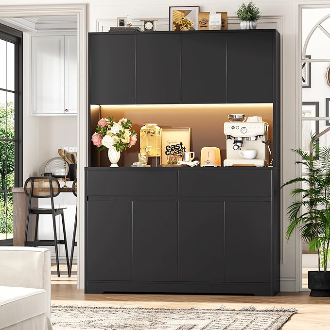FINETONES 71" Tall Pantry Cabinet with LED Lights and Charging Station, 47.2" Wide Kitchen Pantry Storage Cabinet Kitchen Hutch with Microwave Stand, Tall Storage Cabinet for Living Room, Black