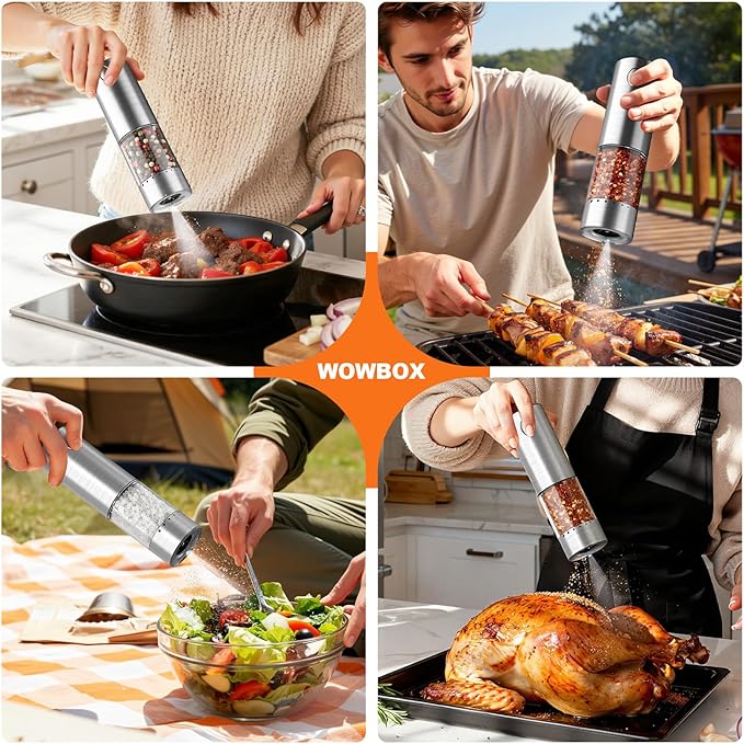 WOWBOX Electric Salt and Pepper Grinder Set 2 PCS, Stainless Steel Automatic Coarseness, Rechargeable Salt and Pepper Shakers, 95 L Large Capacity Multifunctional Pepper Mill, for Kitchen