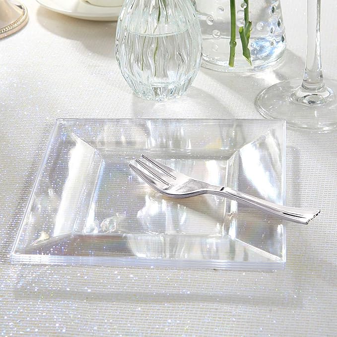 supernal 200pcs Clear Dessert Plates with Silver Dessert Fork, Clear Square Plates, Appetizer Plates,Silver Plastic Silverware, Perfect Choice for Wedding and Party