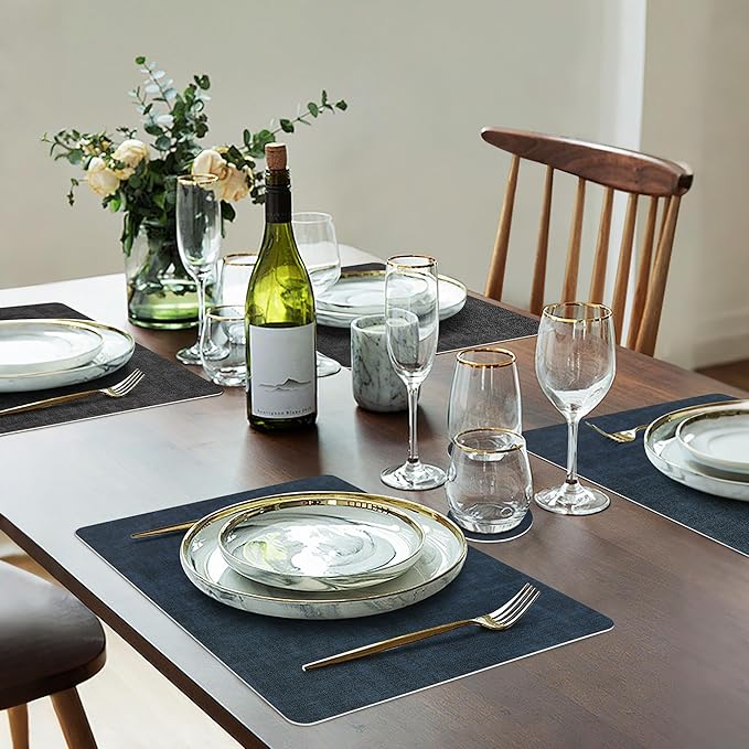 Fyvva Placemats Set of 4, Faux Leather Heat Resistant Wipeable Placemats, Dual Sided Waterproof Washable Table Mats with Coaster, Suitable for Kitchen, Dining, Table Decor (4, Black Navy Blue)