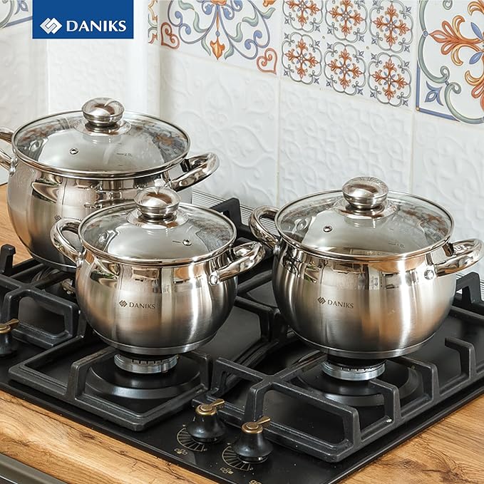 Daniks Classic 6.5 Quart Stainless Steel Stock Pot with Glass Lid, Tri-Ply Bottom for Even Heating, Induction Compatible, Dishwasher Safe