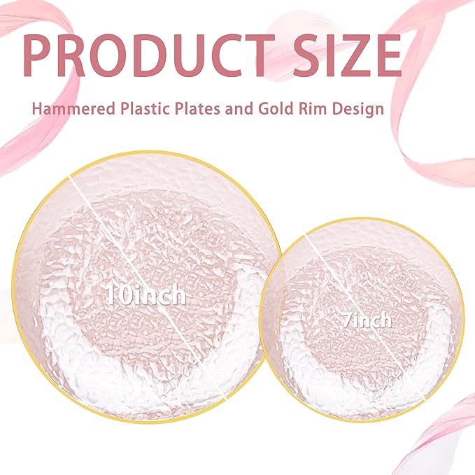 DaYammi 60PCS Pink Gold Plastic Plates - 10 inch Pink Plastic Dinner Plates - Hammer Pattern Design - Fancy Clear and Gold Disposable Plates Ideal for Mother's Day