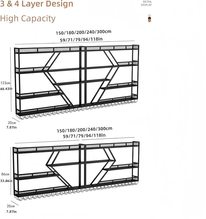 71 Inch Modern Wall Mounted Wine Rack w/LED Light, Metal Wall Bar Shelves Wall Mounted w/Glass Holder, Large Liquor Shelf for Liquor Bottles for Home Bar & Dining Room(Gold-Yellow Led,71in)
