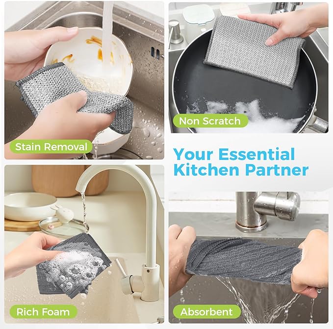 AIDEA Non Scratch Wire Dishcloth 24PK, Upgraded Wire Dishwashing Rag for Kitchen, Dual Sided, Washable Dish Cloths, Cleaning Pads Steel Scrubber for Cookware, Sinks, Dishes, Stove Tops, 7"횞8" Grey