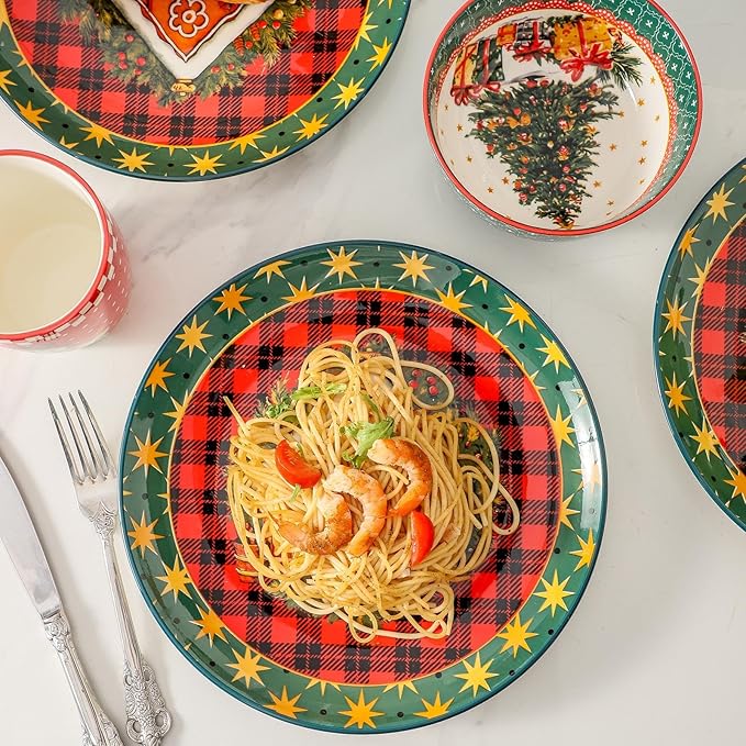 Dinner Plates Set of 6, 10 Inch Ceramic Plates, Christmas Dishes for Dinner Party Holiday Occasions, Microwave And Dishwasher Safe