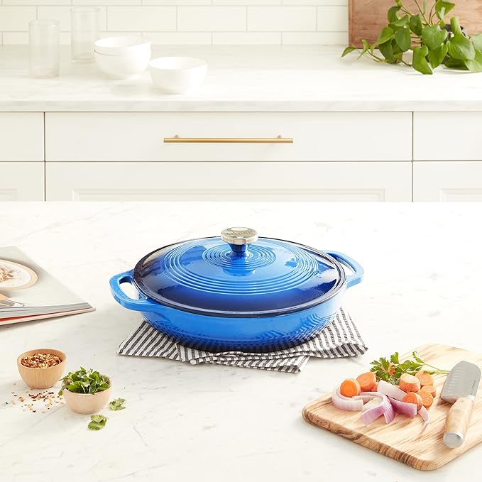 Lodge 3.6 Quart Enameled Cast Iron Oval Casserole With Lid ??Dual Handles ??Oven Safe up to 500째 F or on Stovetop - Use to Marinate, Cook, Bake, Refrigerate and Serve ??Caribbean Blue
