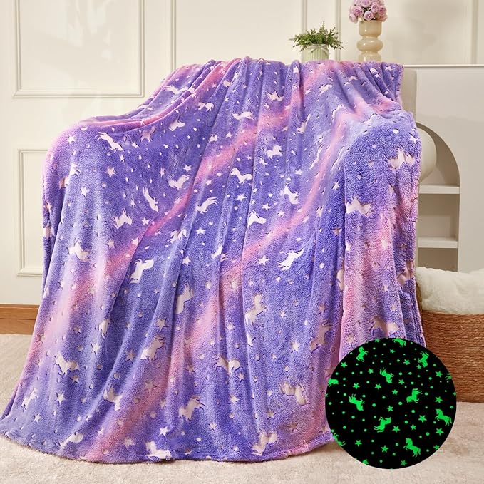 QSTEHEML Unicorns Glow in The Dark Blanket for Girls,Unicorn Gifts for Girls Age 3 4 5 6 7 8 9 10 11 12 Year Old, Soft Unicorns Purple Blanket - Christmas Birthday Bedroom Decor 50"횞60"