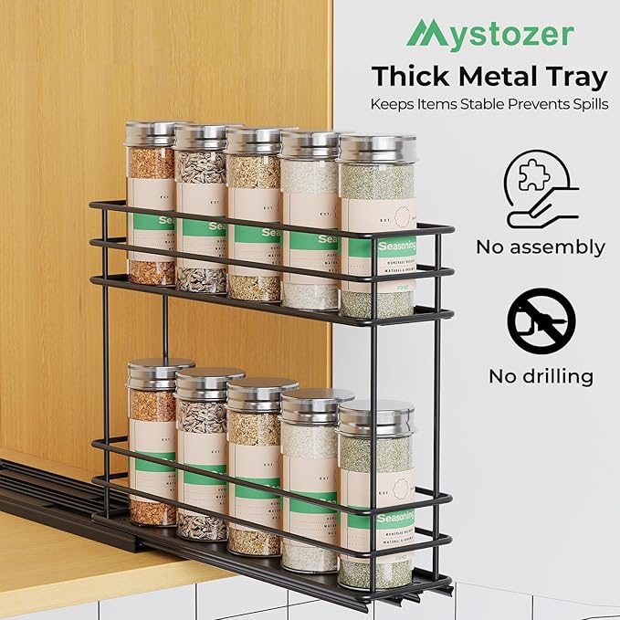 Pull Out Spice Rack Organizer for Cabinet, Slide Out Spice Racks, Easy to Install Spice Cabinet Organizer, 2.5" Wx10.43 Dx8.26 H, 1 Drawer 2 Tiers(Black)