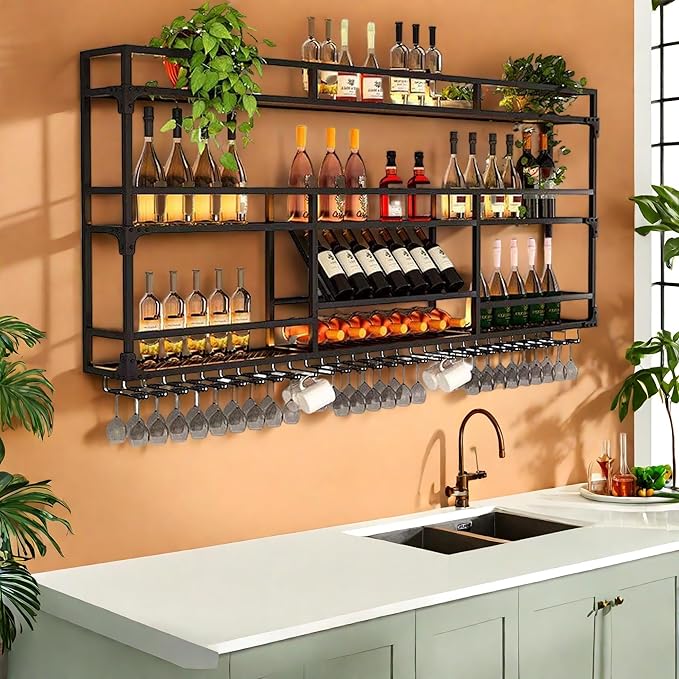 47Inch Metal Wall-Mounted Wine Rack with LED Light, 3 Tier Wine Storage Display Rack with Glass Holder, Space-Saving Bottle and Cup Display Shelf for Home Bars, Dining Rooms, Black