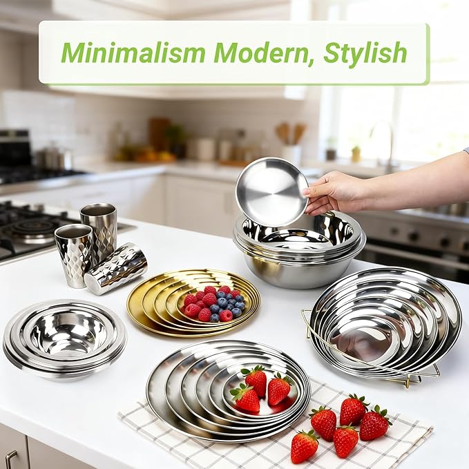 Stainless Steel Plates, 4 Pack 5.5 inch Mini 201 Metal Food Serving Plate Set, Reusable Snack Eating Dishes Round Shatterproof Silver Brushed Finish Dishes for BBQ Dinner Oven Dishwasher Safe