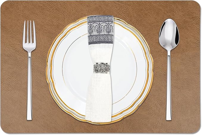 EDanle Cowhide Pattern Faux Leather Placemats Set of 6,Heat Resistant Non-Slip Waterproof Wipeable Washable Kitchen Dining PU Table Place Mats,Double-Sides Available,Light Coffee
