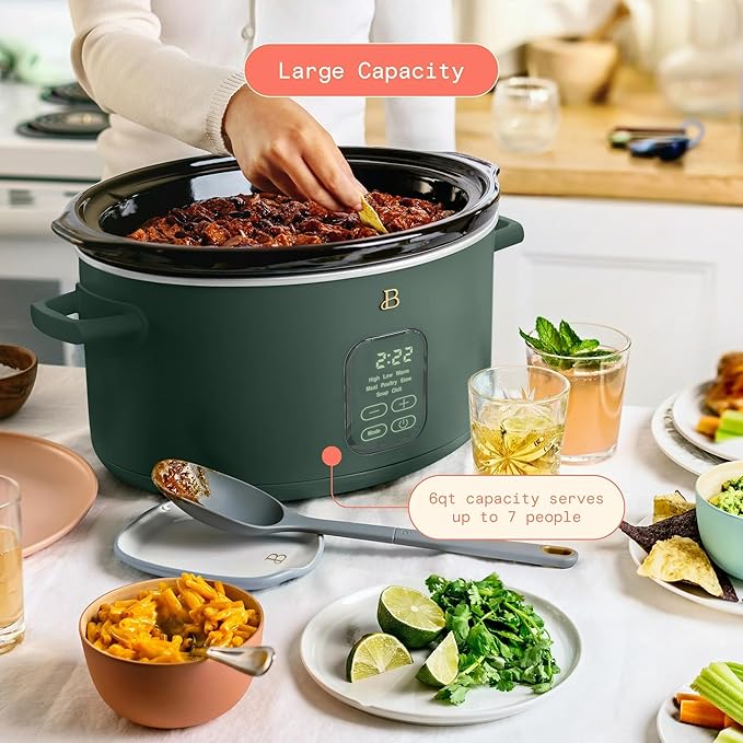 Beautiful 6 Quart Programmable Slow Cooker, 5 Cooking Presets, Digital Countdown Timer, Dishwasher Safe Parts by Drew Barrymore (Thyme Green)