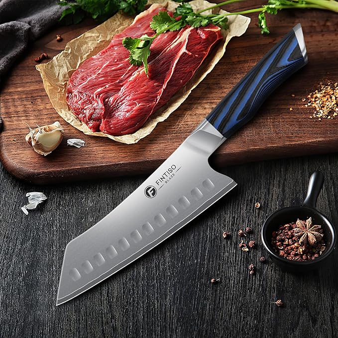FINTISO 7 Inch Santoku Knife, Ultra Sharp Chef Knife with G10 Handle, High-End 5 Layers 10Cr15CoMoV Japanese Stainless Steel Kitchen Knife, Professional Cutting Knife for Vegetables and Meat