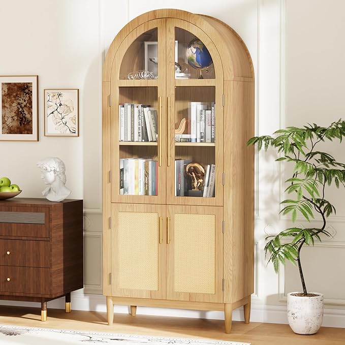 71?쒪rched Kitchen Pantry Cabinet, Stylish Arched Bookcase & Multi-Use Storage Cabinet with Glass & Rattan Doors, Ideal as Kitchen Pantry, Living Room Display, or Entryway Organizer ??Oak