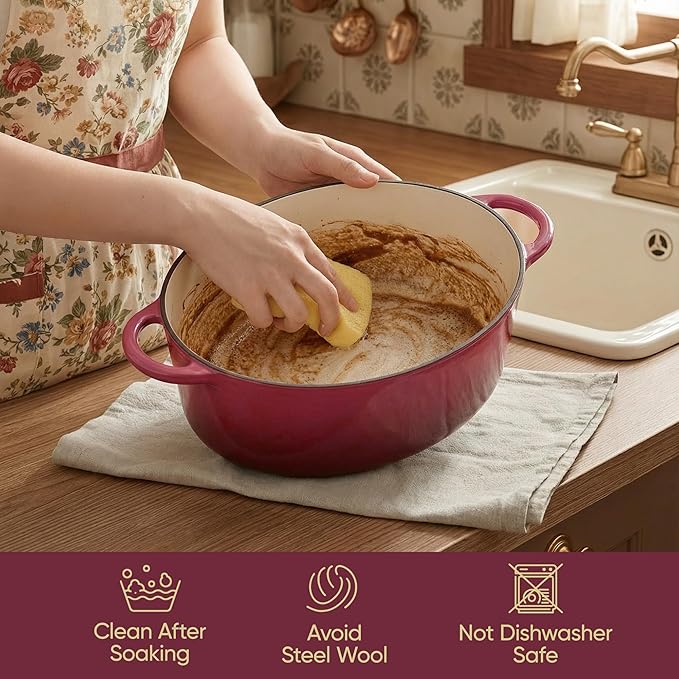 Vintage Style Oval Dutch Oven for Bread Baking, 4.5 Quart Non Stick Enameled Cast Iron Dutch Oven Pot with Lid, Oven Safe Oval Casserole with Lid up to 500째F for Baking, Braising, Stews, Roasting, Rose