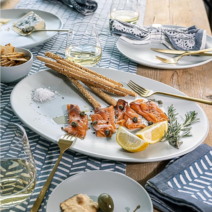 over&back Coupe Stoneware Serving Platter - Elegant 1-Piece Oval Serving Platter to Complete Your Kitchen Set - 16.4" x 11.5" - Semi-Matte Fog Blue