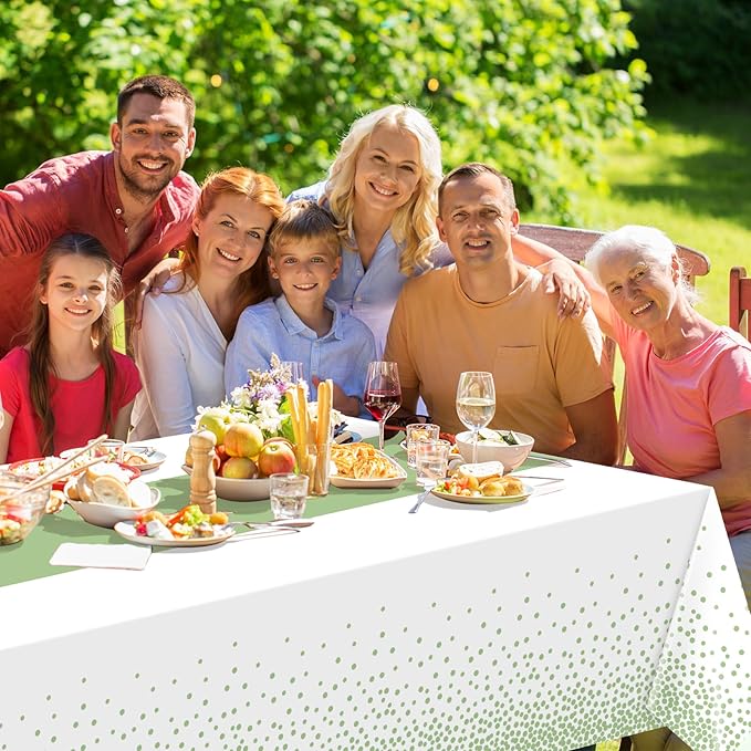 6Pcs White and Sage Green Tablecloth Decorations,Plastic White Table Cloth Printed Green Table Runner Disposable Rectangle Table Cover for Birthday Wedding Anniversary Graduation Party,54 x108 Inch