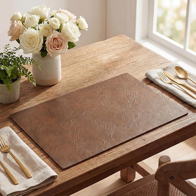 Artoid Mode Brown Faux Leather Placemats Set of 6, 12x18 Inch Waterproof Wipeable Heat Resistant Place Mats, Reversible Table Mats for Kitchen Dining Decor