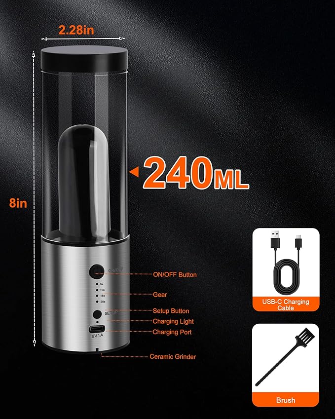 Electric Salt and Pepper Grinder Set, 1-Pack 240ML Capacity, USB-C Rechargeable 4-Timing Settings, Automatic Salt and Pepper Shakers, One-Handed Operation, Birthday Gifts for Women Mom