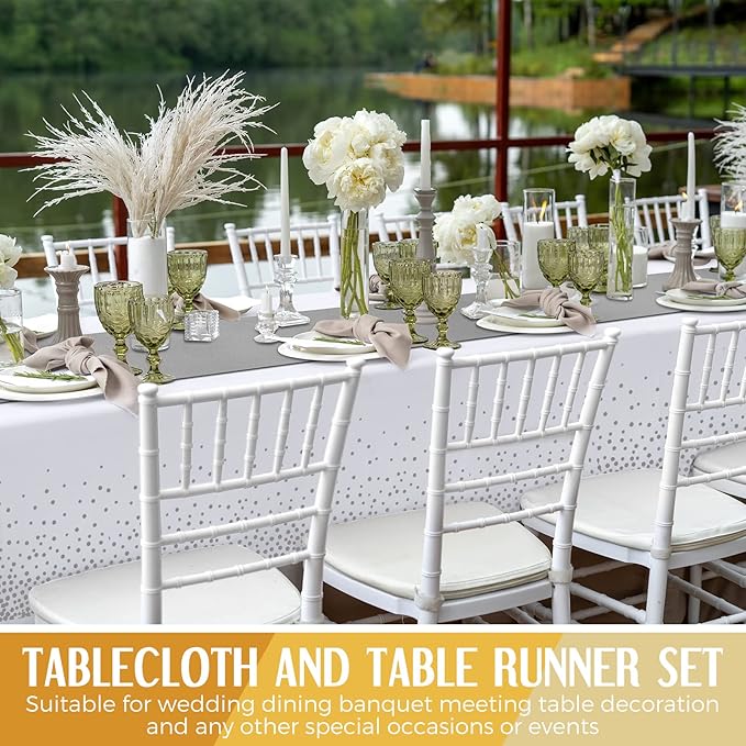 Tudomro 16 Pieces White and Silver Disposable Plastic Tablecloths and Satin Table Runner Set 54x108 Inch Tablecloth 12x108 Inch Table Runners for New Year Wedding Birthday Baby Shower Graduation