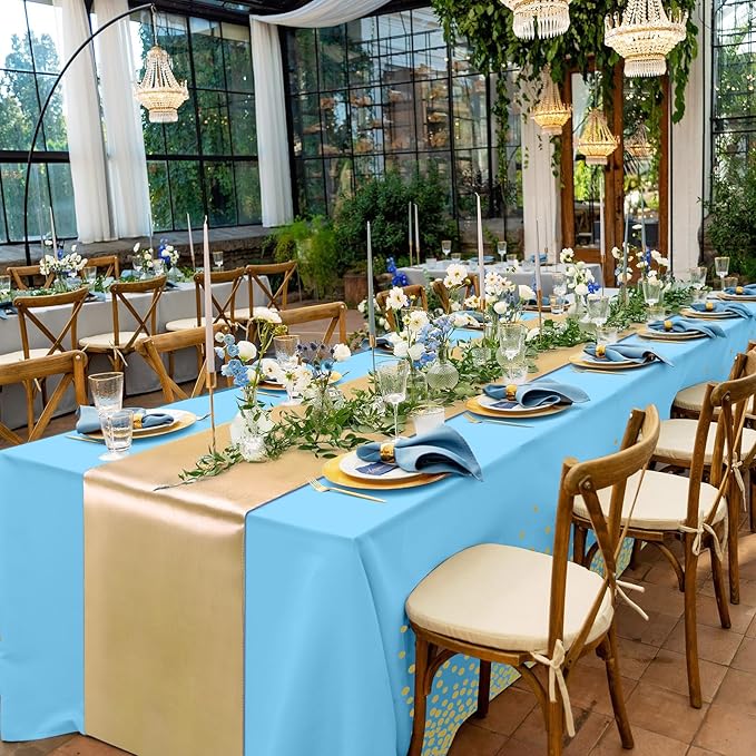 Tudomro 16 Pcs Teal and Gold Disposable Plastic Tablecloths and Satin Table Runner Set 54x108 Inch Tablecloth 12x108 Inch Table Runners for New Year Wedding Birthday Baby Shower Graduation