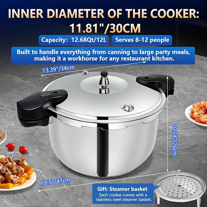 12Qt Pressure Cooker Stainless Steel Commercial Stove Top Pressure Cooker Pot Used for Pressure Foodie or Steaming Compatible with Gas & Induction Cooker