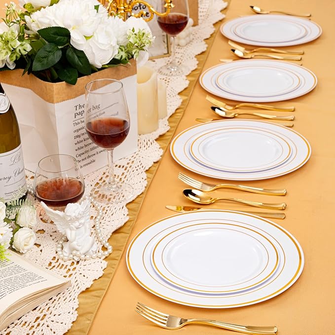 bUCLA 100Pieces Gold Plastic Dinner Plates - 10.25inch White and Gold Plates Disposable for Party - Ideal for Wedding, Party & Daily Use