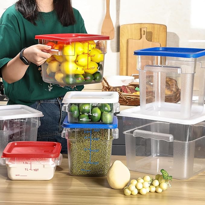 Maxcheck 4 Pcs 4qt Food Storage Container with Lids Bulk Clear Commercial Food Storage Bins with Scale Handle Space Saving Restaurant Tubs for Kitchen Prep Proof Dough Marinating Meat(Multicolor)