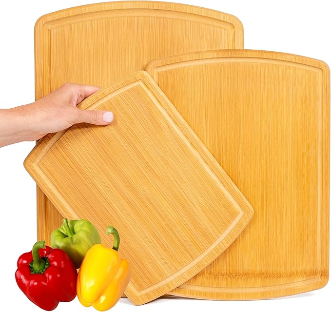 Organic Bamboo Cutting Board Set of 3 with Glue-Free Surface and Lifetime Replacements ??Wooden Chopping Board for Kitchen with Juice Grooves for Carving & Serving, Non Toxic & Durable by Greener Chef