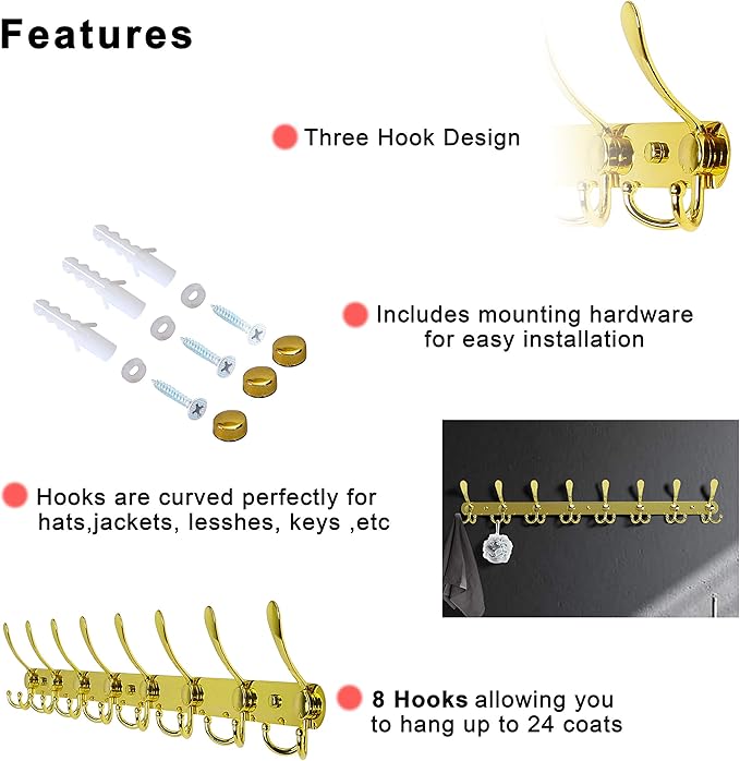 Dseap Coat Rack Wall Mount - 29.5??Long 8-Tri-Hooks Heavy Duty Coat Hanger Rail Wall Hooks for Hanging Coats Hats Clothing Clothes Purse Mudroom Entryway, Gold