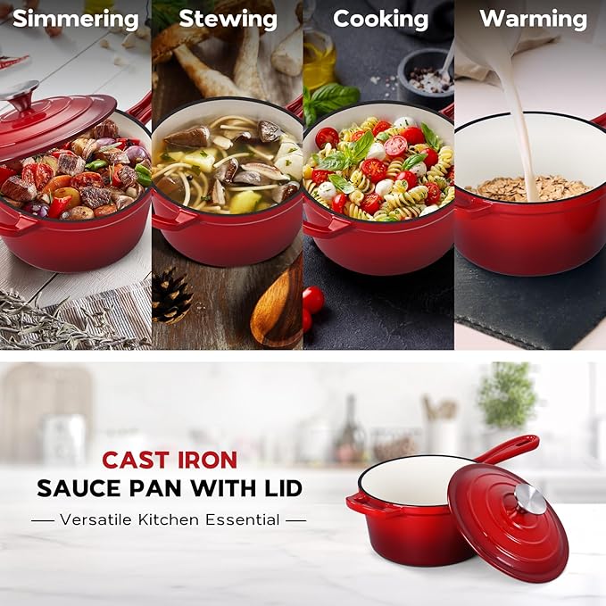 Onader Enameled Cast Iron Sauce Pan, 1QT Small Saucepan with Lid, Cast Iron Sauce Pot Enamel Dutch Oven, Nonstick & Heavy Duty ??Red