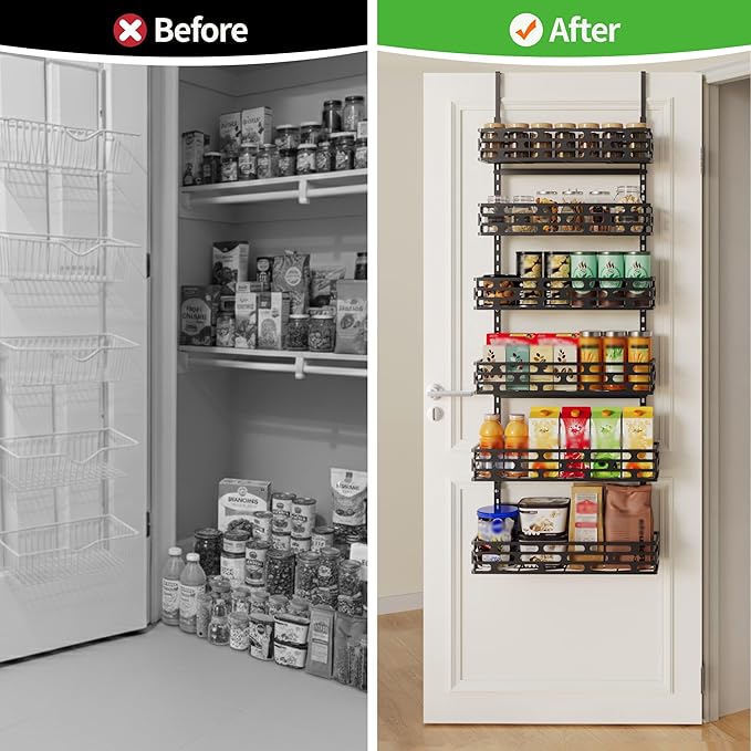 6-Tier Over The Door Pantry Organizer, Pantry Organizers and Storage, Metal Hanging Spice Rack, Over the Door Organizer for Home & Kitchen, Laundry Room Bathroom, Black