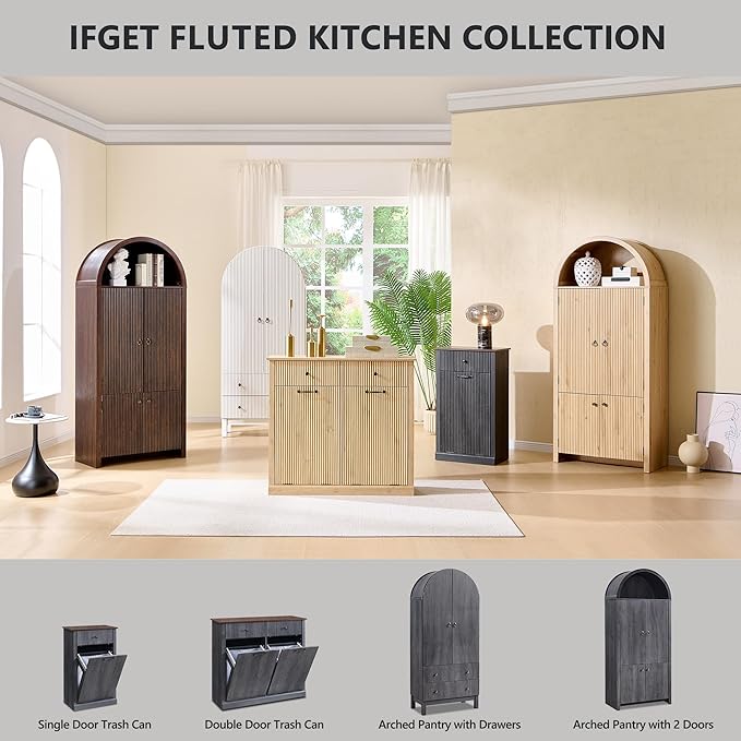71" Tall Arched Pantry Cabinet, Fluted Kitchen Storage Cabinet with Adjustable Shelves and 2 Large Drawers, Freestanding Morden Versatile Cupboard for Living Room, Bathroom, Dark Gray