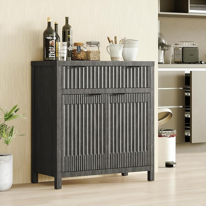 FLOWBACK Black Storage Cabinet with Drawers, Fluted Cabinet Buffet Bar, Farmhouse Buffet Sideboard with Storage, Coffee Bar with Drawer and Door, Modern Wood Console Cabinet for Kitchen, Living Room