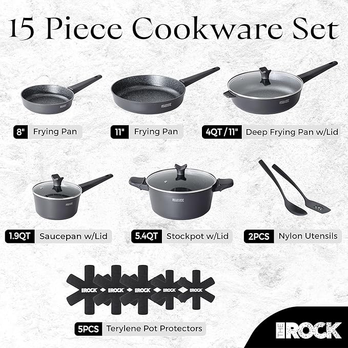 THE ROCK SOHO 15Pcs Cookware Set ??Pots and Pans Set Non Stick with ROCK.TEC ??Compact for Urban Kitchens, Nothing Sticks, Never Warps, Lasts Longer, Induction & Dishwasher Safe, Black