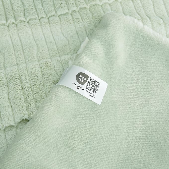 Am챕lie Home Luxury Striped Faux Fur Throw Blanket for Bed Queen Size, Soft Cozy Fuzzy Fluffy Plush Gift Blankets for Women, 88"x90", Sage Green