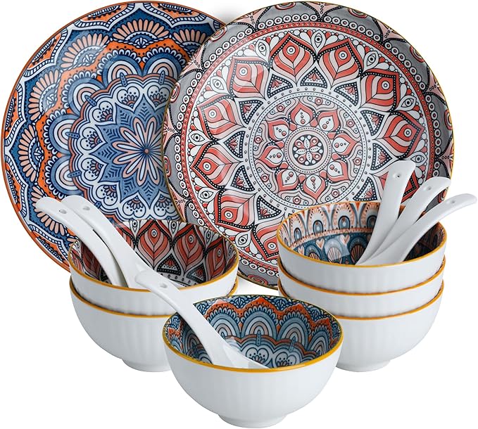 Bohemian Style Porcelain Dinnerware Set, 12-Piece Plates & Bowls, Microwave & Dishwasher Safe, Unique Pattern Gift Set