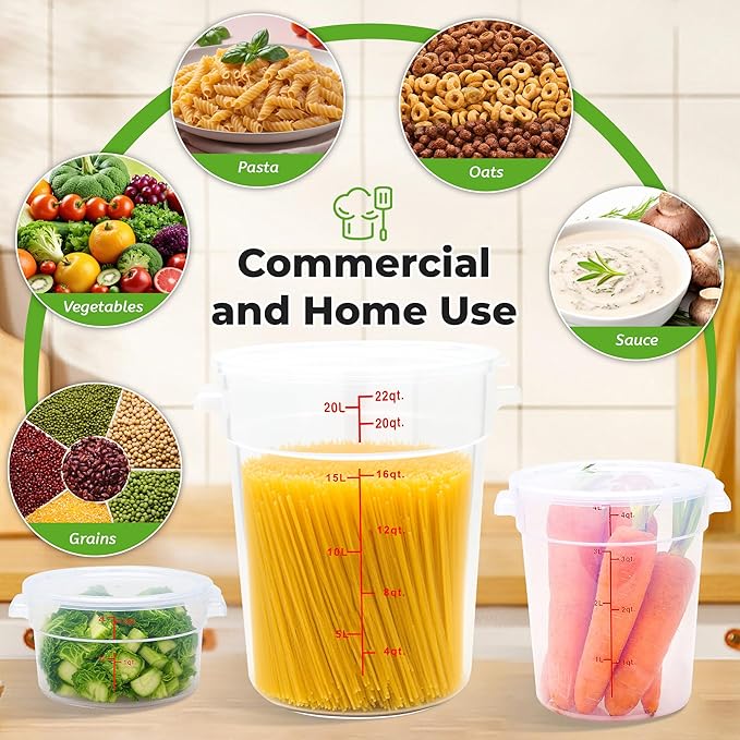 4 Pack Round Food Storage Containers with Lids, 12Qt Translucent Commercial Food Container, Polypropylene, BPA Free, Includes Labels & Measuring Cups