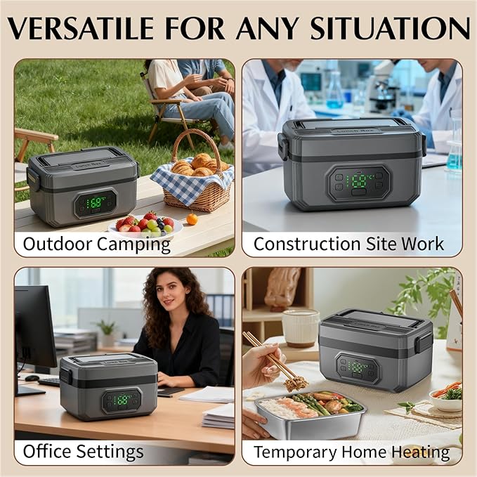 RYALNTC Electric Lunch Box for Adults with Timer - 1.6L Cordless Electric 24000mAh Battery-Powered Heated,5-Sided Heating & Smart Reservation - Portable Heated Lunch Box for Office, Truck, Camping