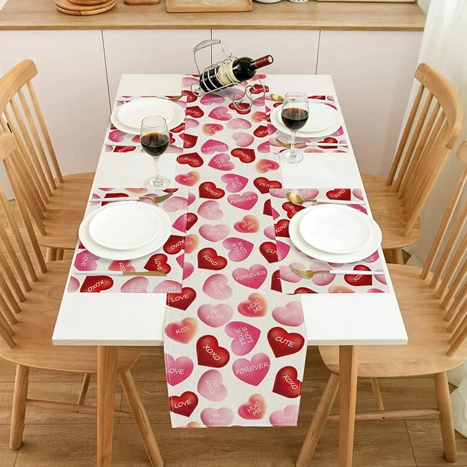 Valentine Placemats Set of 4, 12x18 Inch Be Mine Kiss XOXO Love Hearts Table Mats, Seasonal Anniversary Holiday Valentines Day Table Decorations for Kitchen Dining Home Party Decor