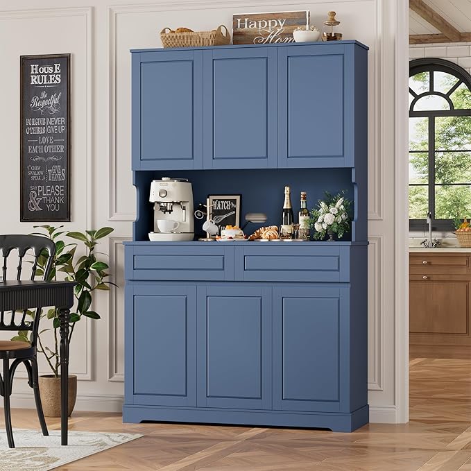 FACBOTALL 74" Pantry Cabinet, Tall Kitchen Pantry Cabinet with 6 Doors and 2 Drawers, Kitchen Hutch with Wide Countertop, Modern Kitchens Cupboard with Adjustable Shelves and Charge Holes, Blue