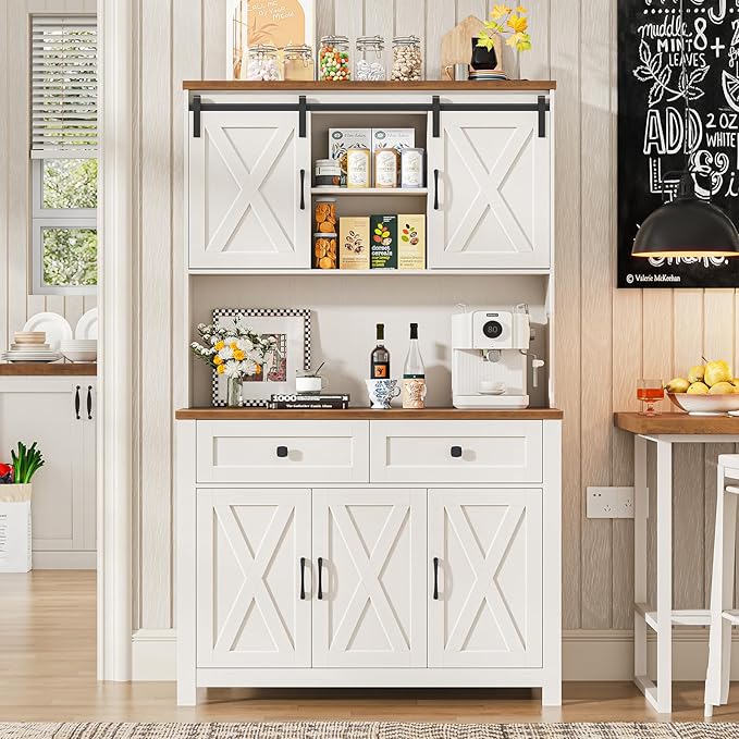 67.7 Inch Farmhouse Pantry Storage Cabinet with Sliding Barn Doors, 2 Drawer Farmhouse Coffee Cabinet with Adjustable Shelf, Side Board with Buffet Cupboard for Livingroom Kitchen, White