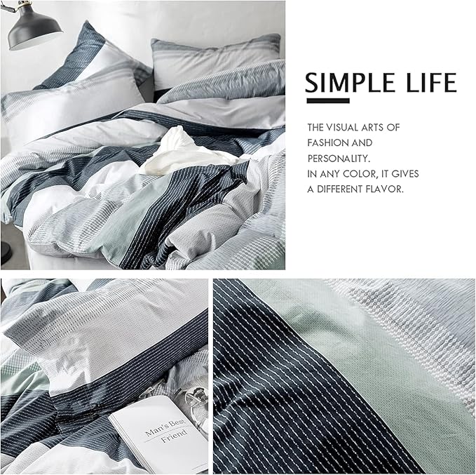 LifeTB Striped Comforter Set Queen Size, Blue Grey Stripes Pattern Printed Bedding Set, 3 Pieces Lightweight Bedding Comforter Set, Stripe Soft Fluffy Bed Set Queen Comforter with 2 Pillowcases
