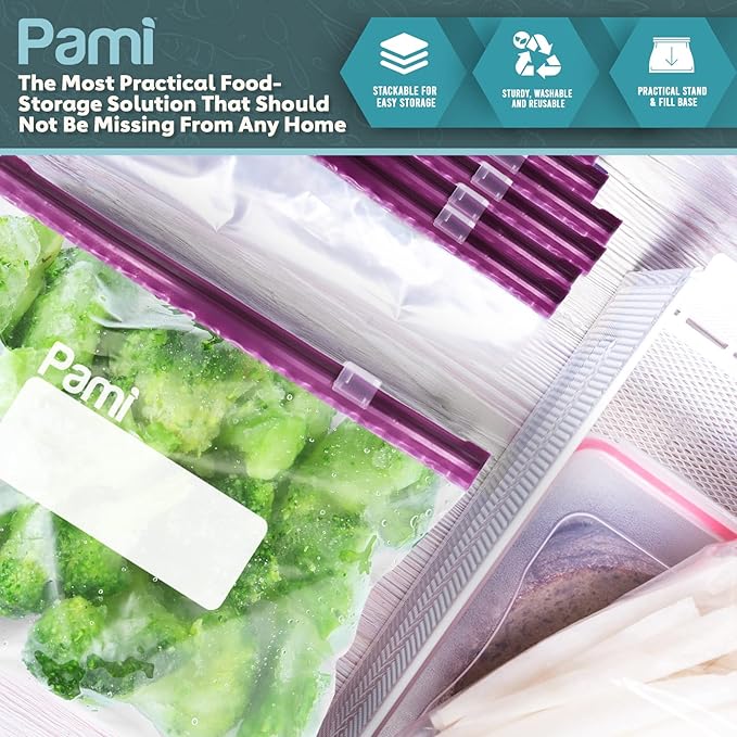 PAMI Thick Leakproof Reusable Slider Zipper Food Storage Bags for Pantry and Freezer with Expandable Base and Write-On Label (Quart 50 Clear)