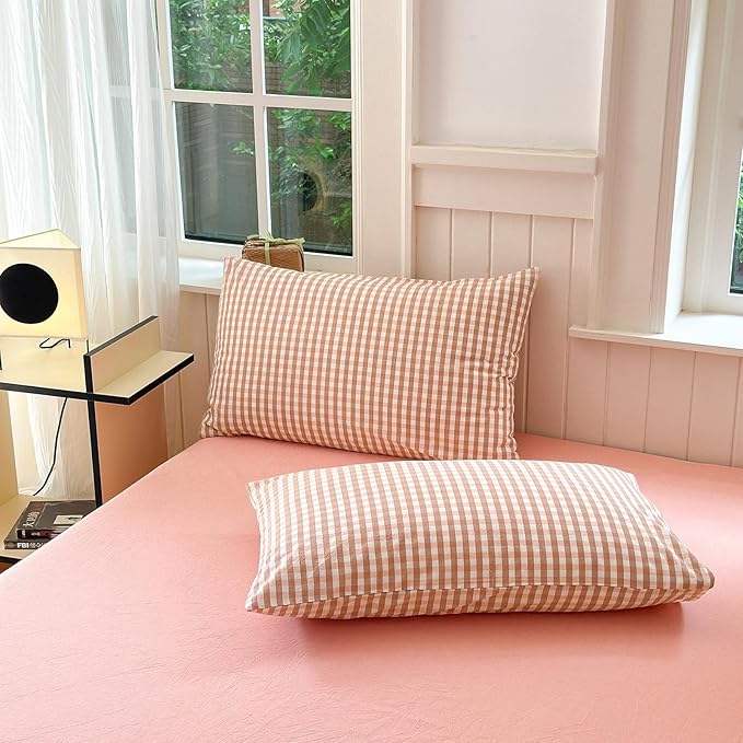 LifeTB Pink Gingham Comforter Set King Modern Style Pink Plaid Comforter Set Fluffy 3 Pieces Grid Checkered Pattern Boho Comforter with 2 Pillowcases Farmhouse Gingham Plaid Bedding Set King