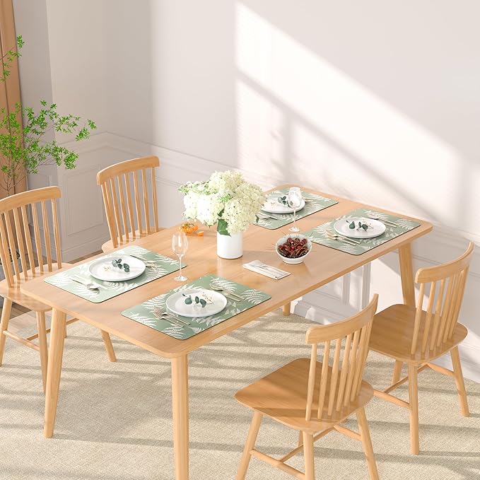 QIYI Placemats Set of 6, 12x18 Inch Faux Leather Place Mats for Kitchen Dinning, Heat Resistant Anti Slip Green White Table Mats, Waterproof Wipeable Washable Placemat Party Table D챕cor, Fern Leaves