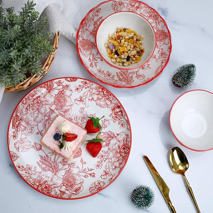 12-Piece Rose Queen Dinnerware Set, Porcelain Plates with Red & White Design, Service for 4, Microwave and Dishwasher Safe